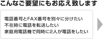 電話番号とFAX番号を別々に分けたい、不在時に電話を転送したい、家庭用電話機で同時に2人が電話をしたい