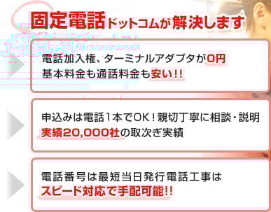 ターミナルアダプタが0円、基本料金も通話料機も安い、実績2万社、スピード対応